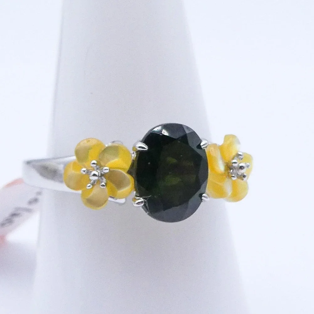 Chrome Diopside Sterling Silver Carved MOP Flower 1.9 Ctw Womens Band Ring Sz 9